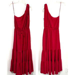Max Studio‎ One Shoulder Tiered Dress XS Cherise Red Drawstring Midi Party NEW